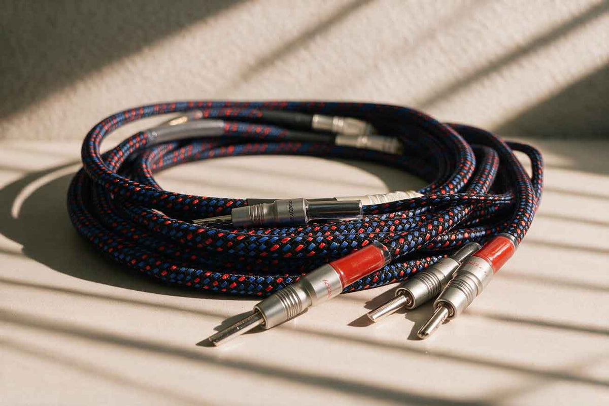 Thick braided copper speaker cables coiled on a wooden table under warm raking light