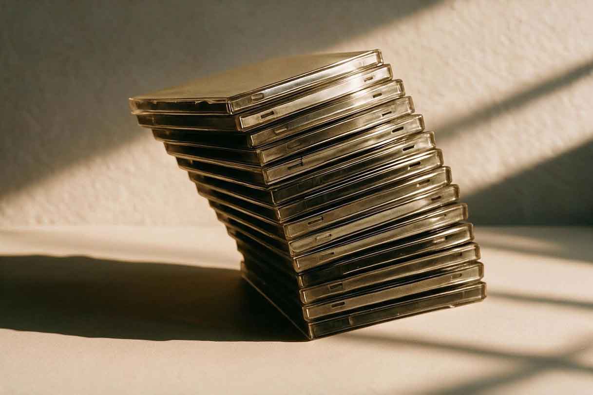 a stack of cd cases leaning to the left on a cream-colored sun and shadows background