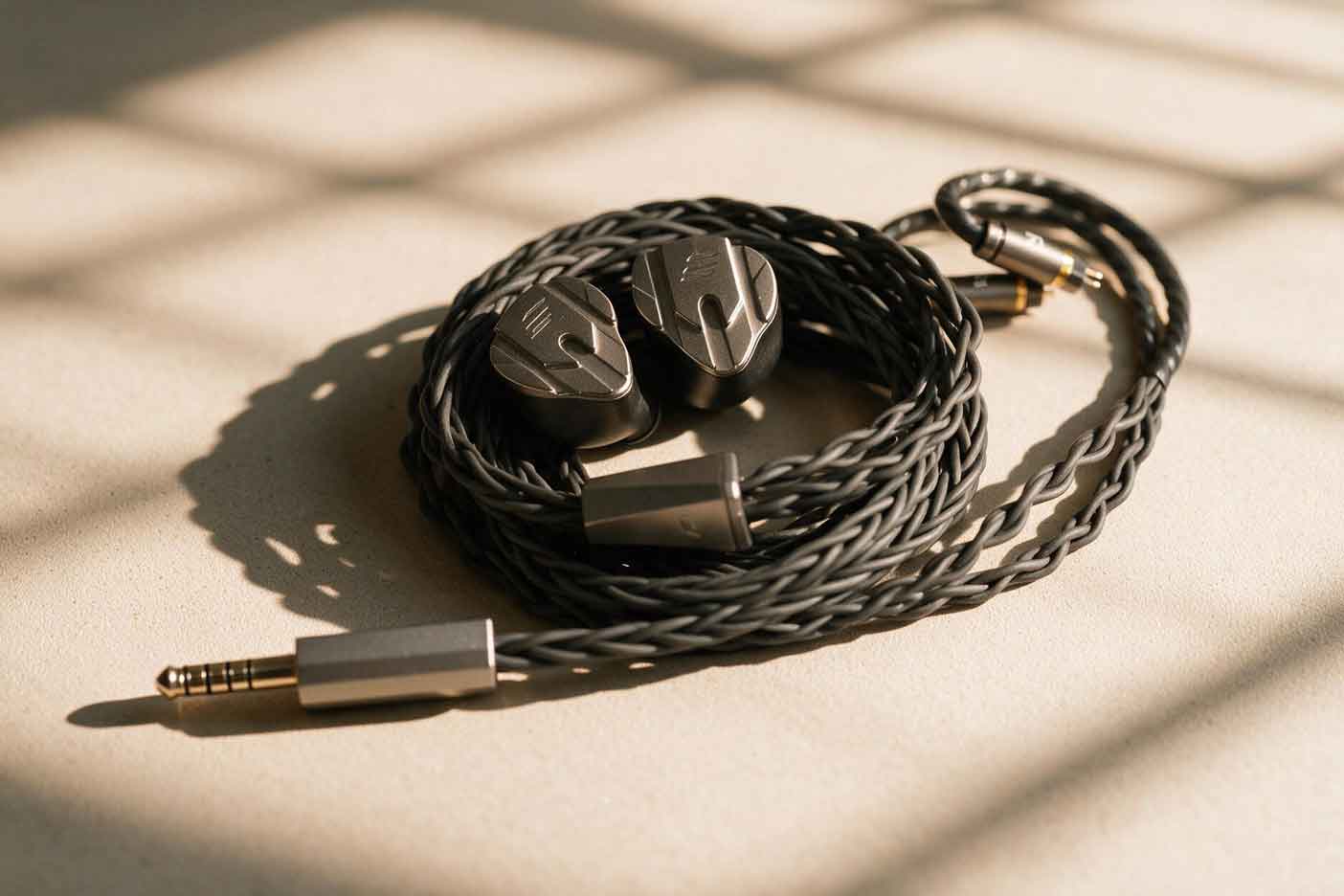 Metal in-ear monitor earpieces with faceted faceplates and braided cables resting on a dark surface in soft side lighting.