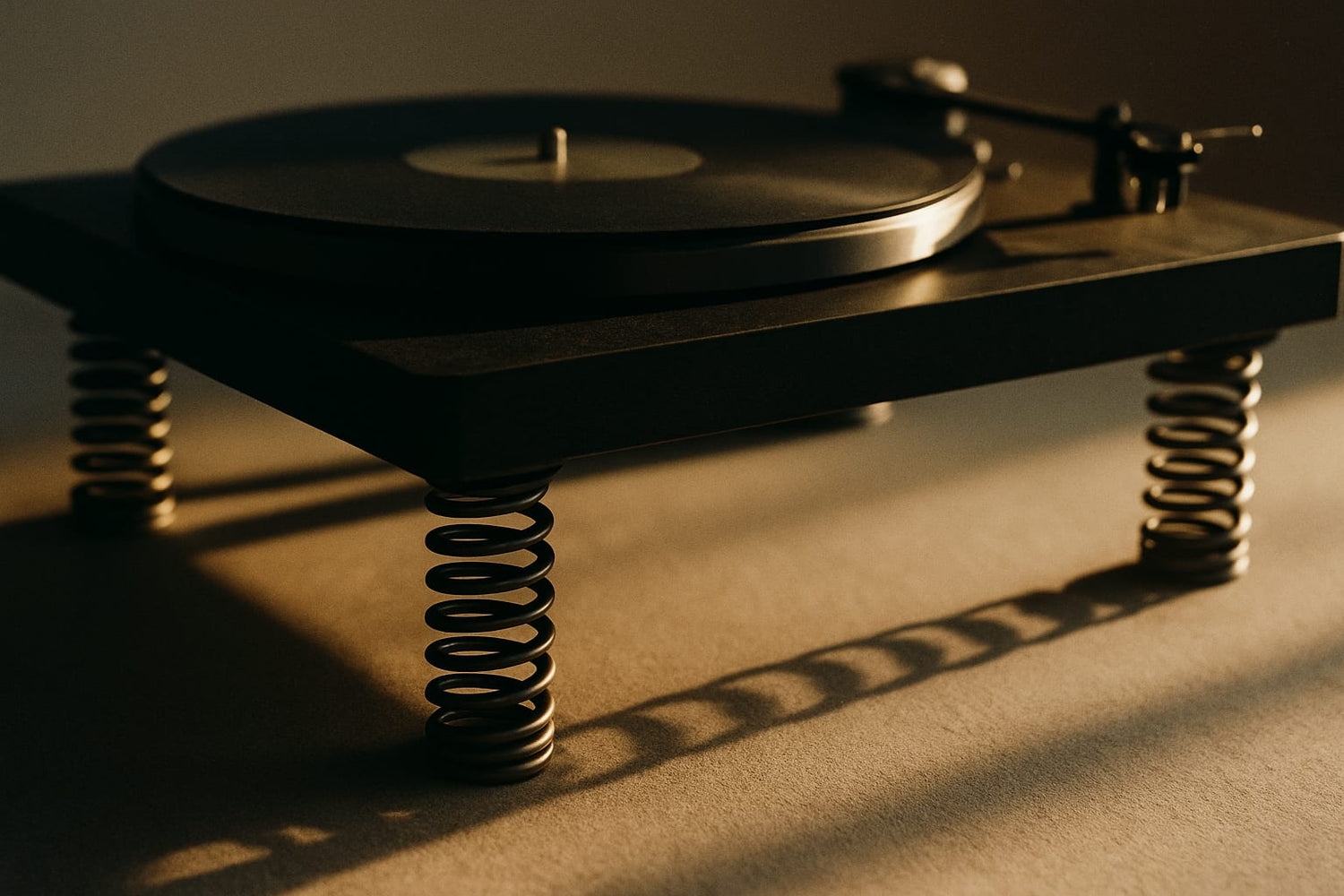 Lightweight turntable supported by four steel springs, illuminated to show coil detail and shadow definition.