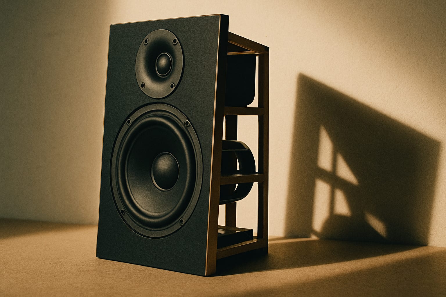 Open-baffle loudspeaker with exposed drivers and frame, photographed in profile with strong side lighting.