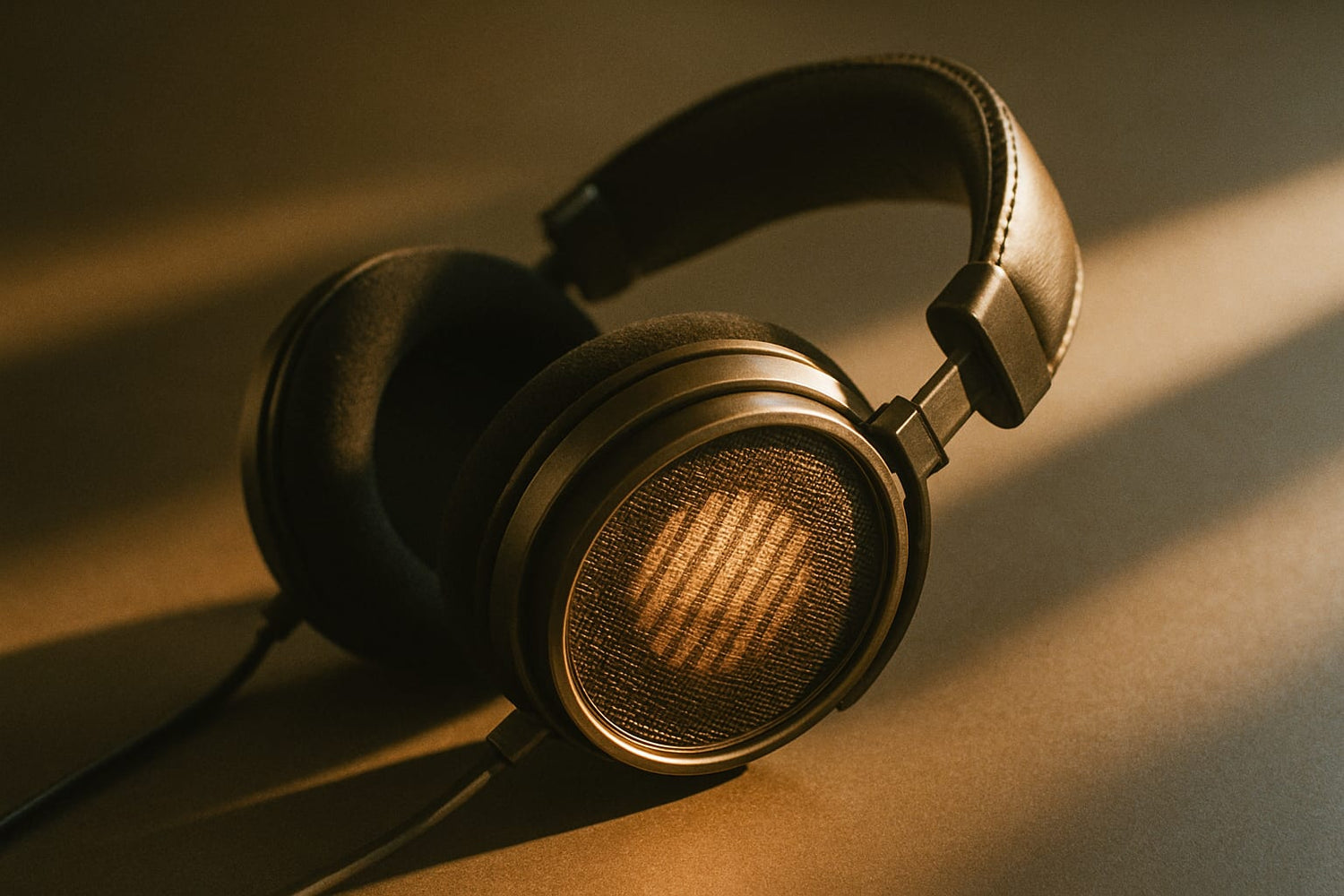 Open-back headphones with visible ribbon drivers on a table, lit by raking light to emphasize their construction and mesh details.