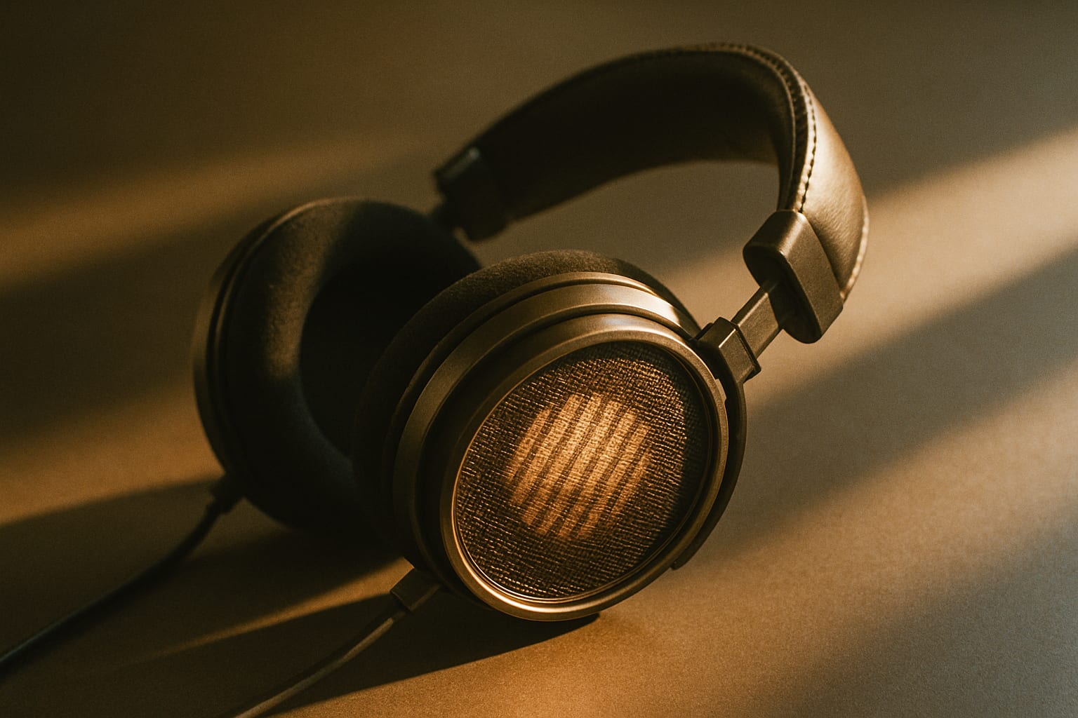 Open-back headphones with visible ribbon drivers on a table, lit by raking light to emphasize their construction and mesh details.