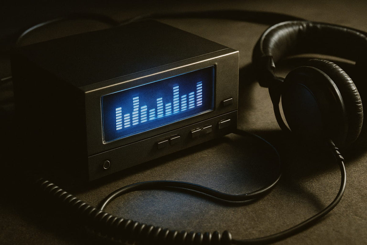 Glowing retro audio player interface with equalizer bars and surrounding audio cables in dim lighting.