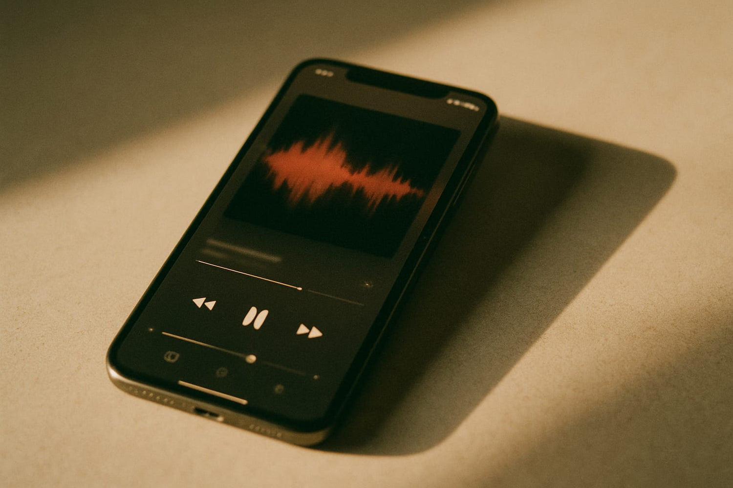A smartphone displaying a music player interface with glowing screen and soft shadow on a clean surface.