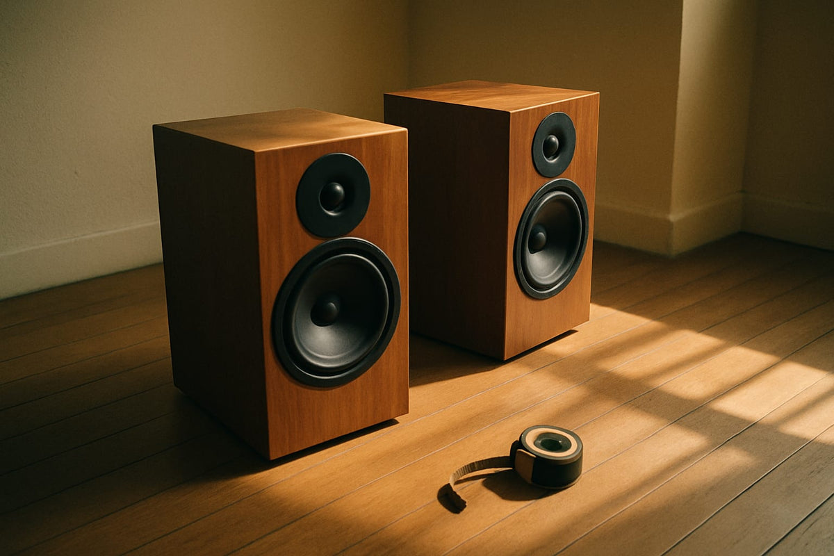 Bookshelf speakers being repositioned in a room corner with a tape measure on the floor, illustrating room acoustic setup work.