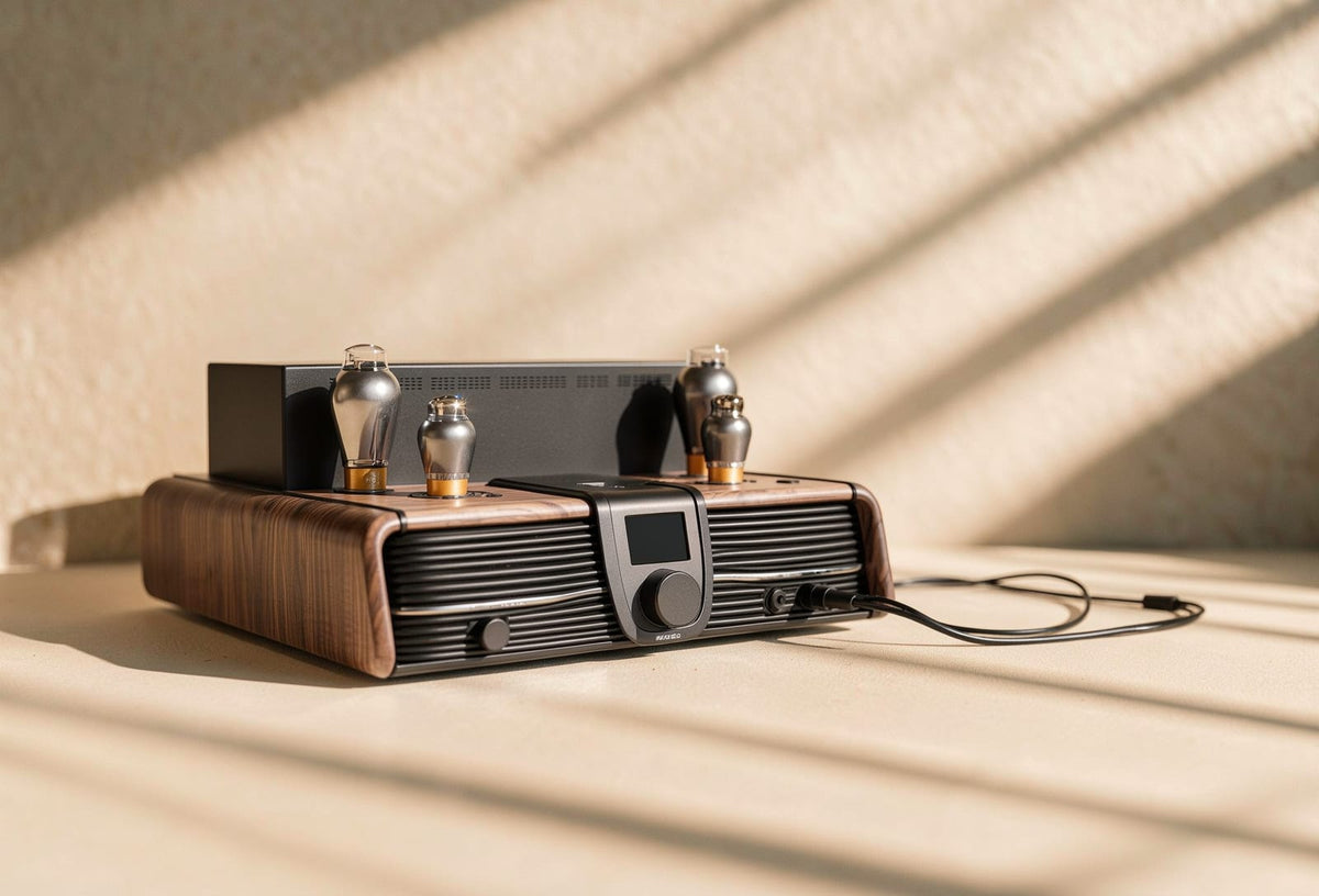 The Feliks Audio Eos: a walnut-wrapped 300B hybrid amplifier with four valves, a central monitoring display and volume control, in raking daylight.