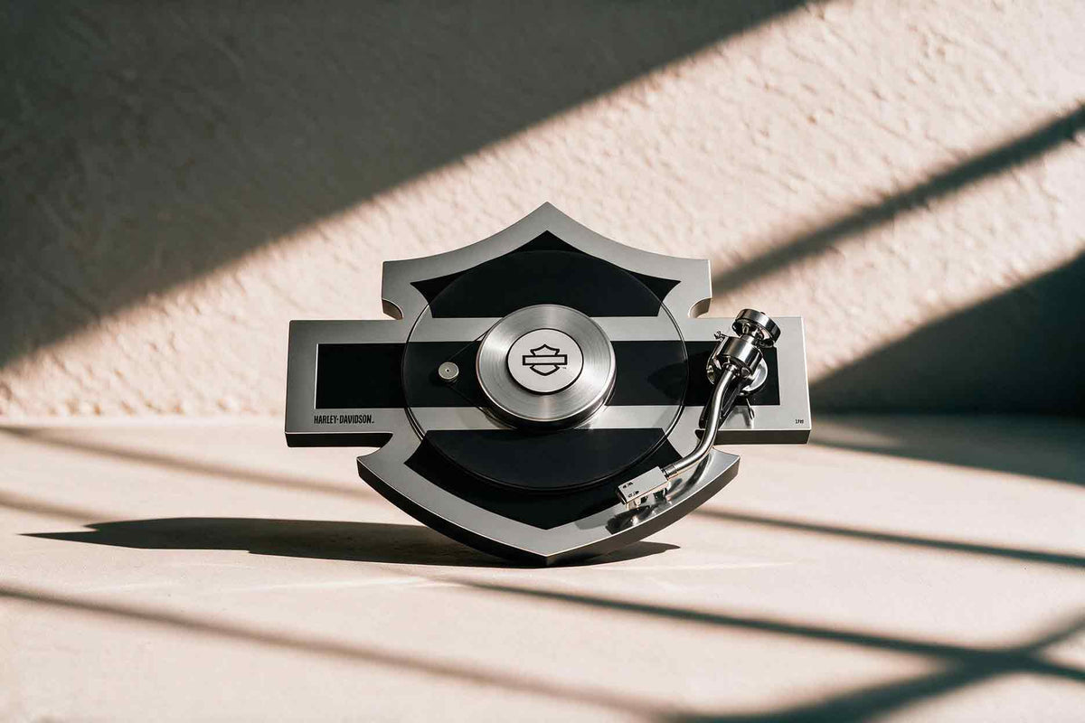 Pro-Ject Builds a Harley-Davidson Turntable: a 300mm Glass Platter, a 915g Bar & Shield Record Puck and a Leather Mat, at $3,299