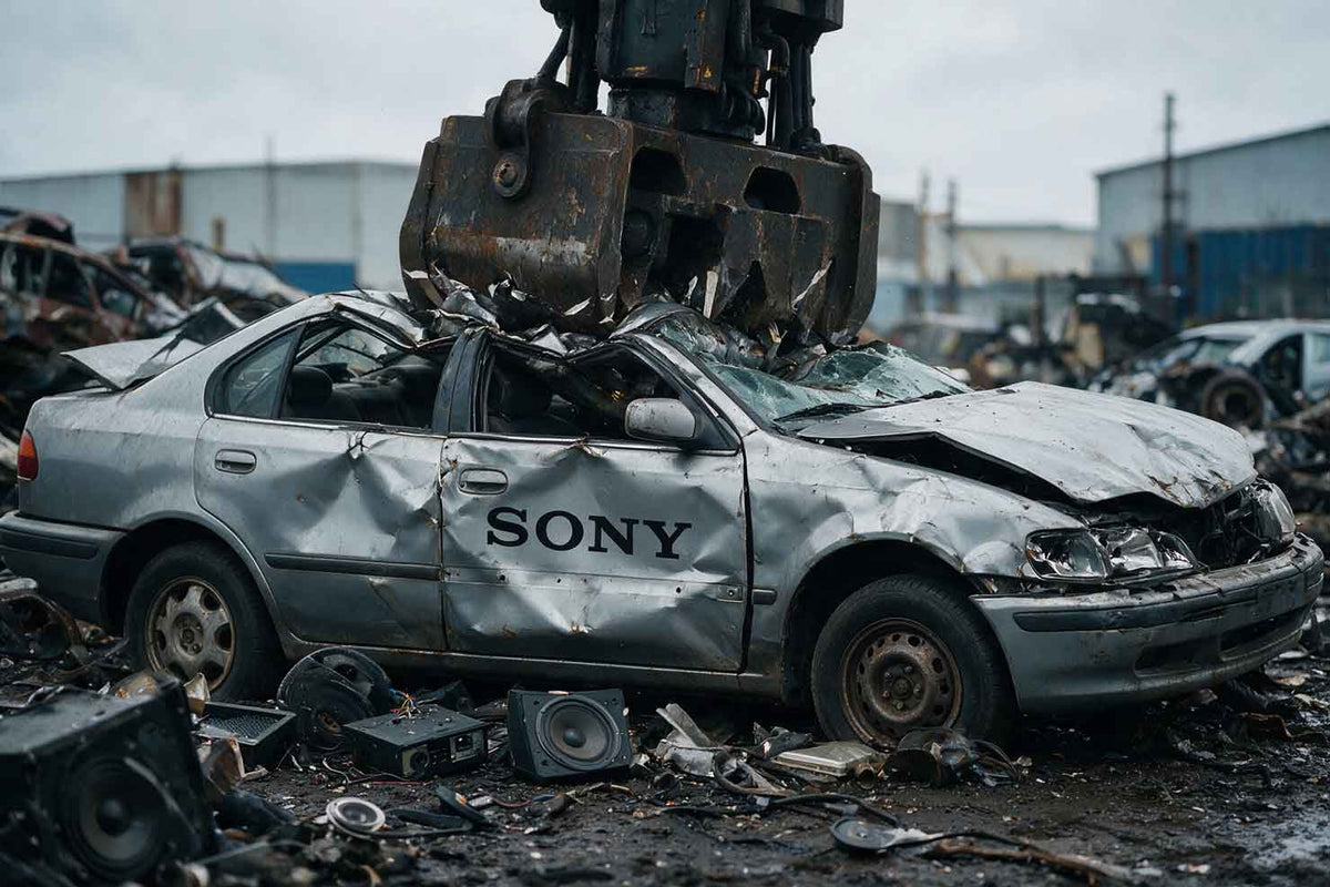 a car with a Sony logo getting crushed at a junkyard