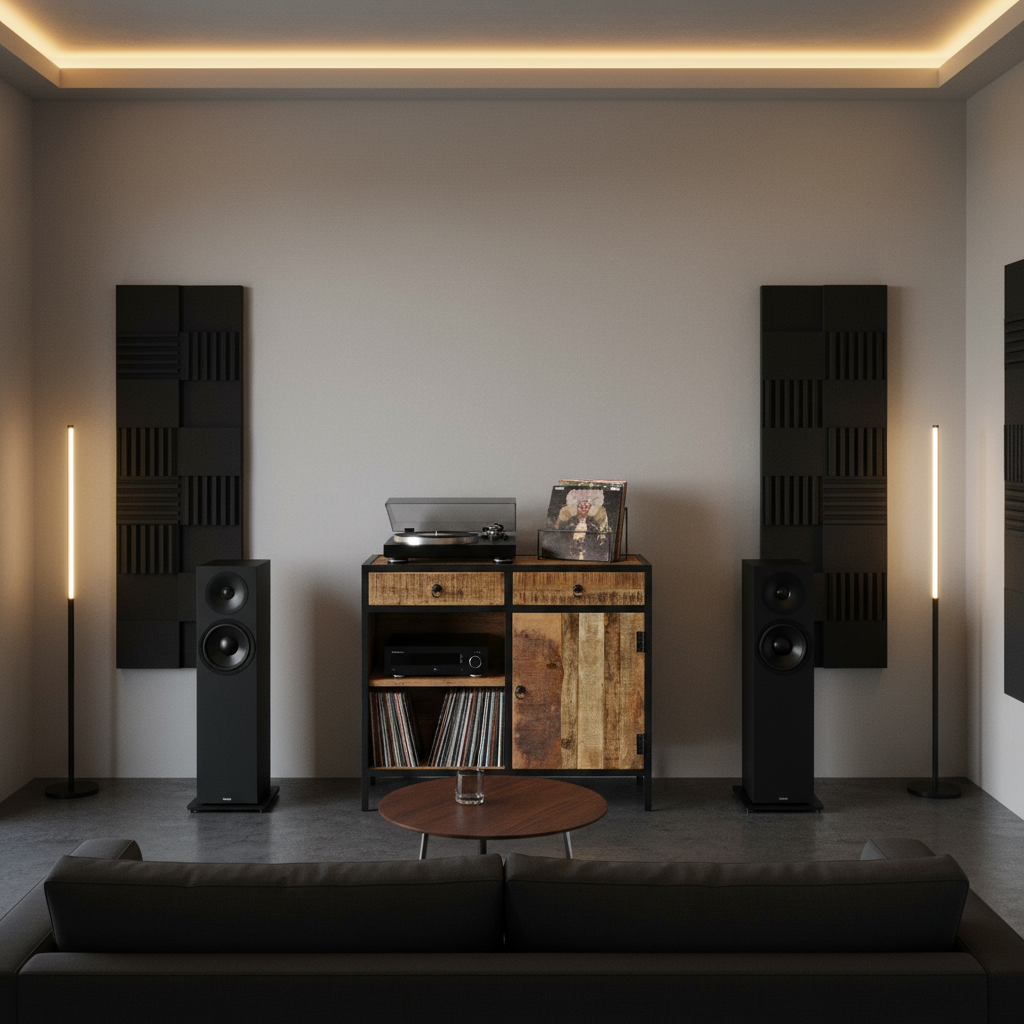 Wooden cabinet with metal accents in a beautiful stereo room