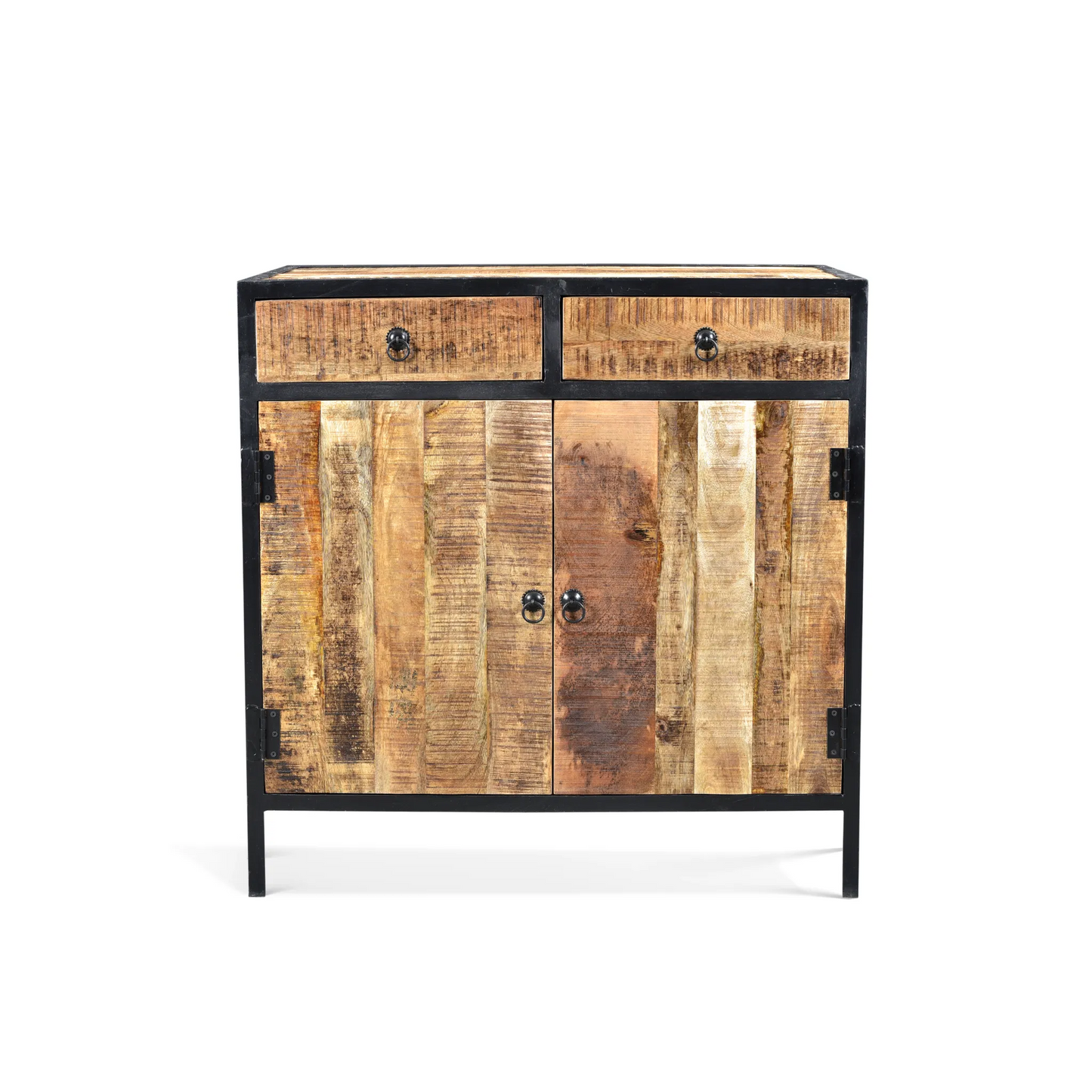 Wooden cabinet with metal accents on a white background