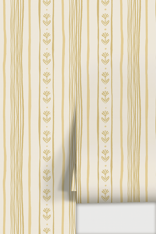 Daisy Chain Stripe Wallpaper, beige and butter yellow