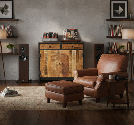 Wooden cabinet with metal accents in chic stereo room