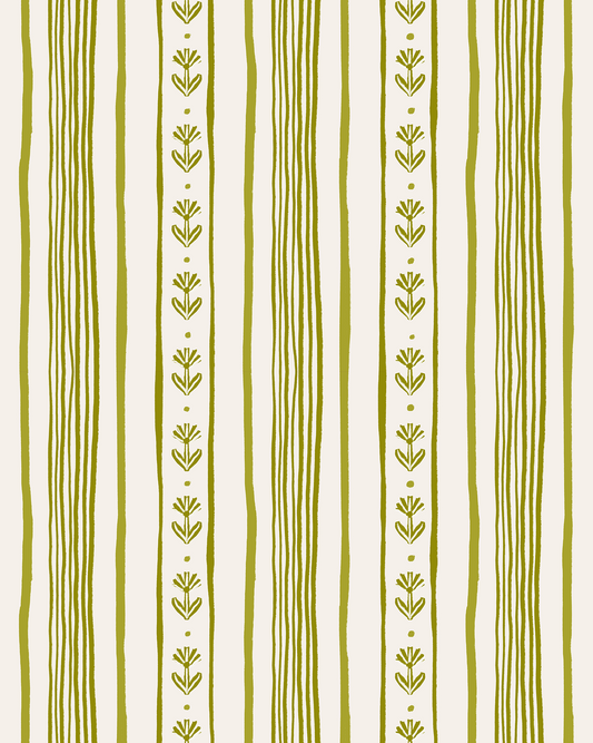 Daisy Chain Stripe Wallpaper, beige and chartreuse green