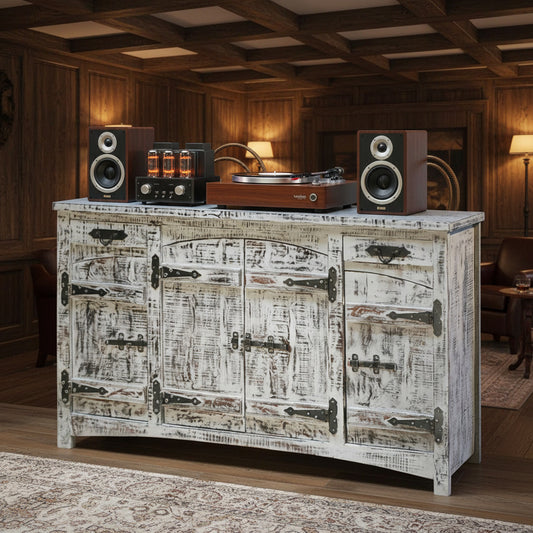 Industrial Solid Wood Credenza With Decorative Iron Hinges