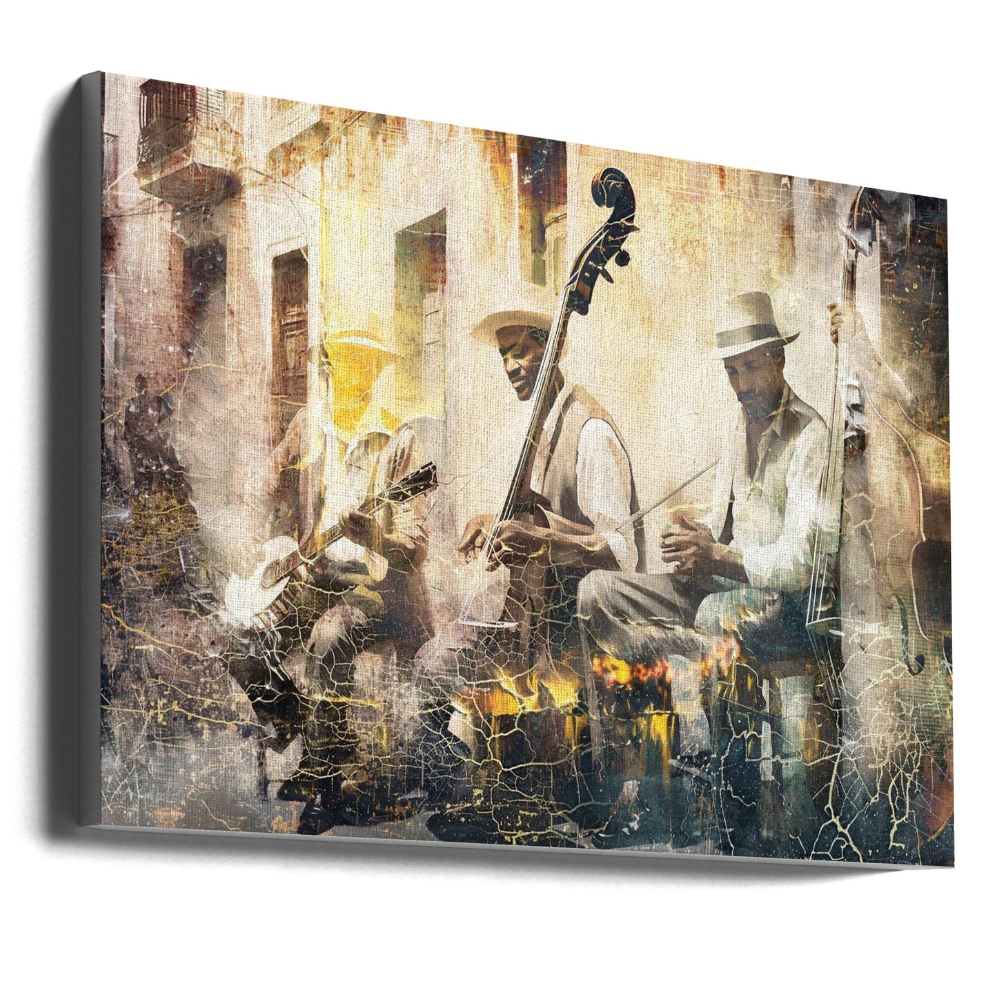 Artistic depiction of three musicians playing instruments in a textured setting
