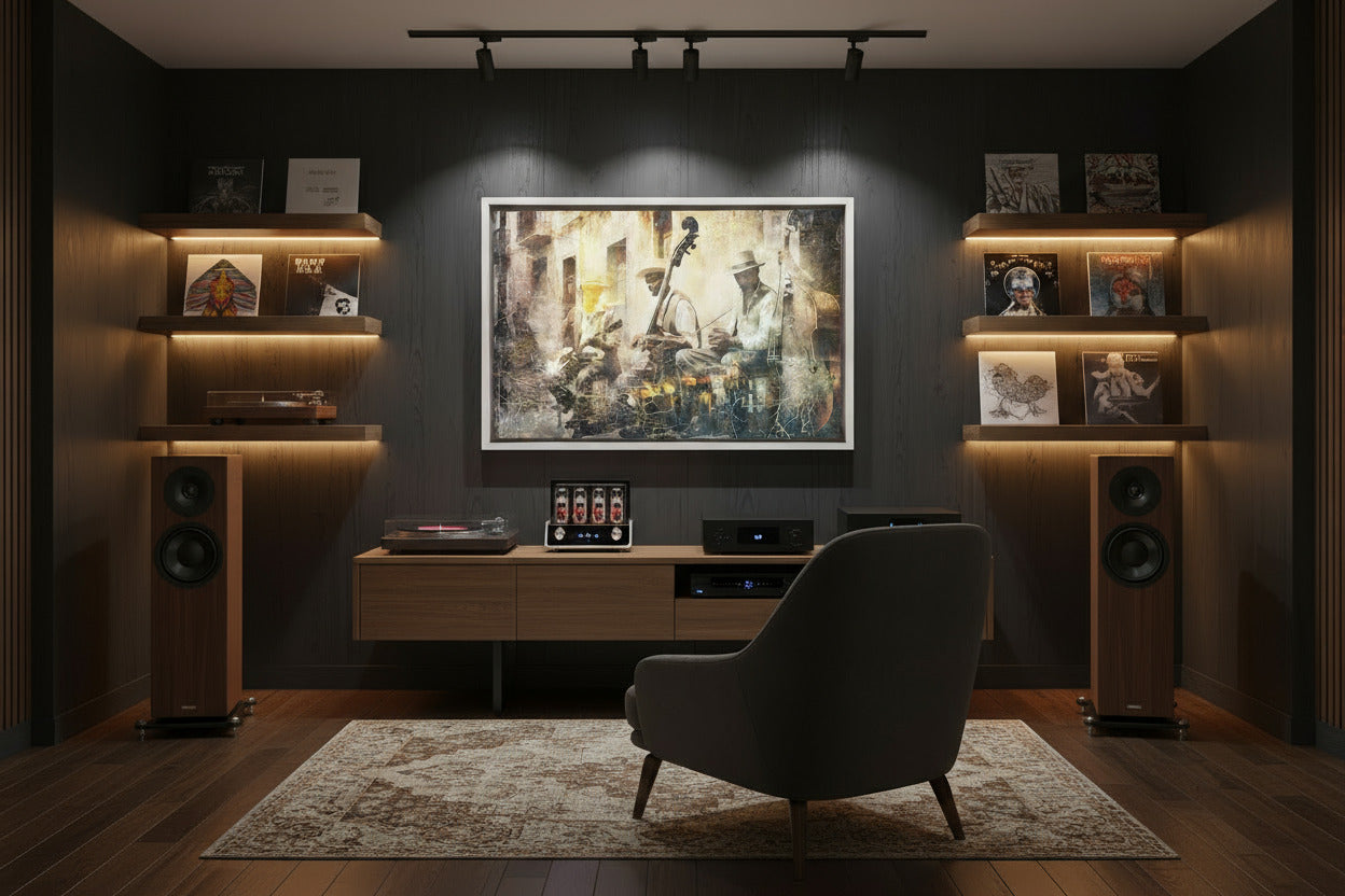 Home stereo setup with a large wall art, speakers, and a chair in a dimly lit room.