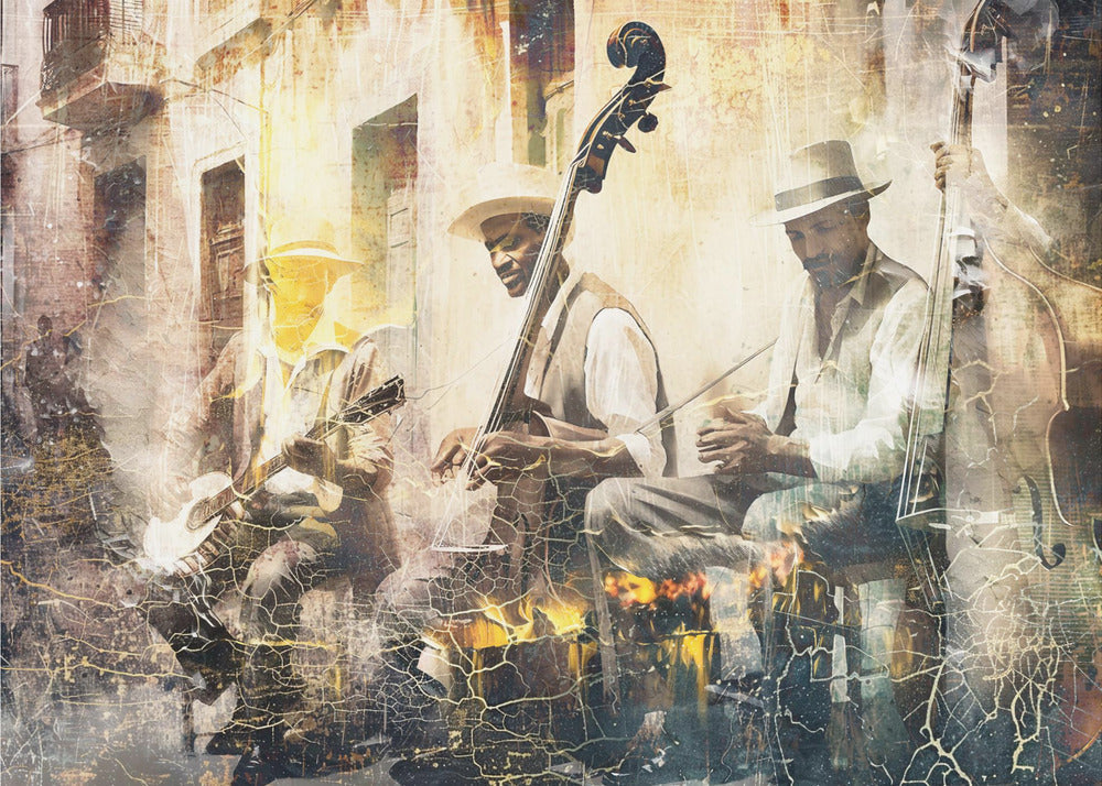 Artistic depiction of three musicians playing instruments on a textured background