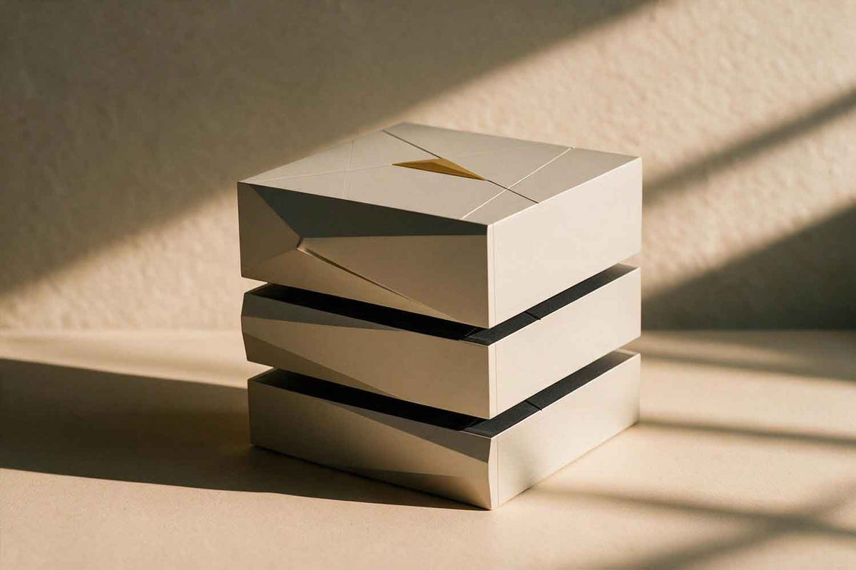 A three-piece modular hi-fi streaming stack sitting on a table under soft raking light, evoking an audio show display.