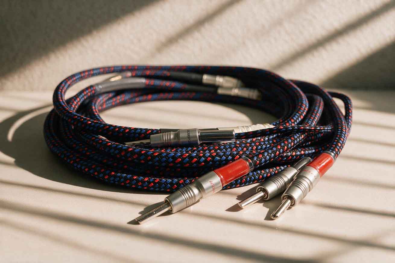 Thick braided copper speaker cables coiled on a wooden table under warm raking light