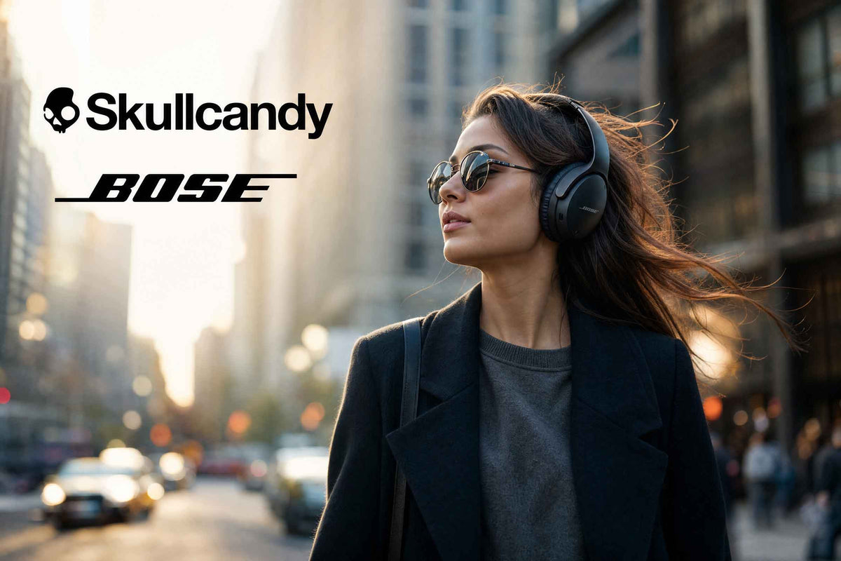 a woman wearing headphones with Bose and Skullcandy logos