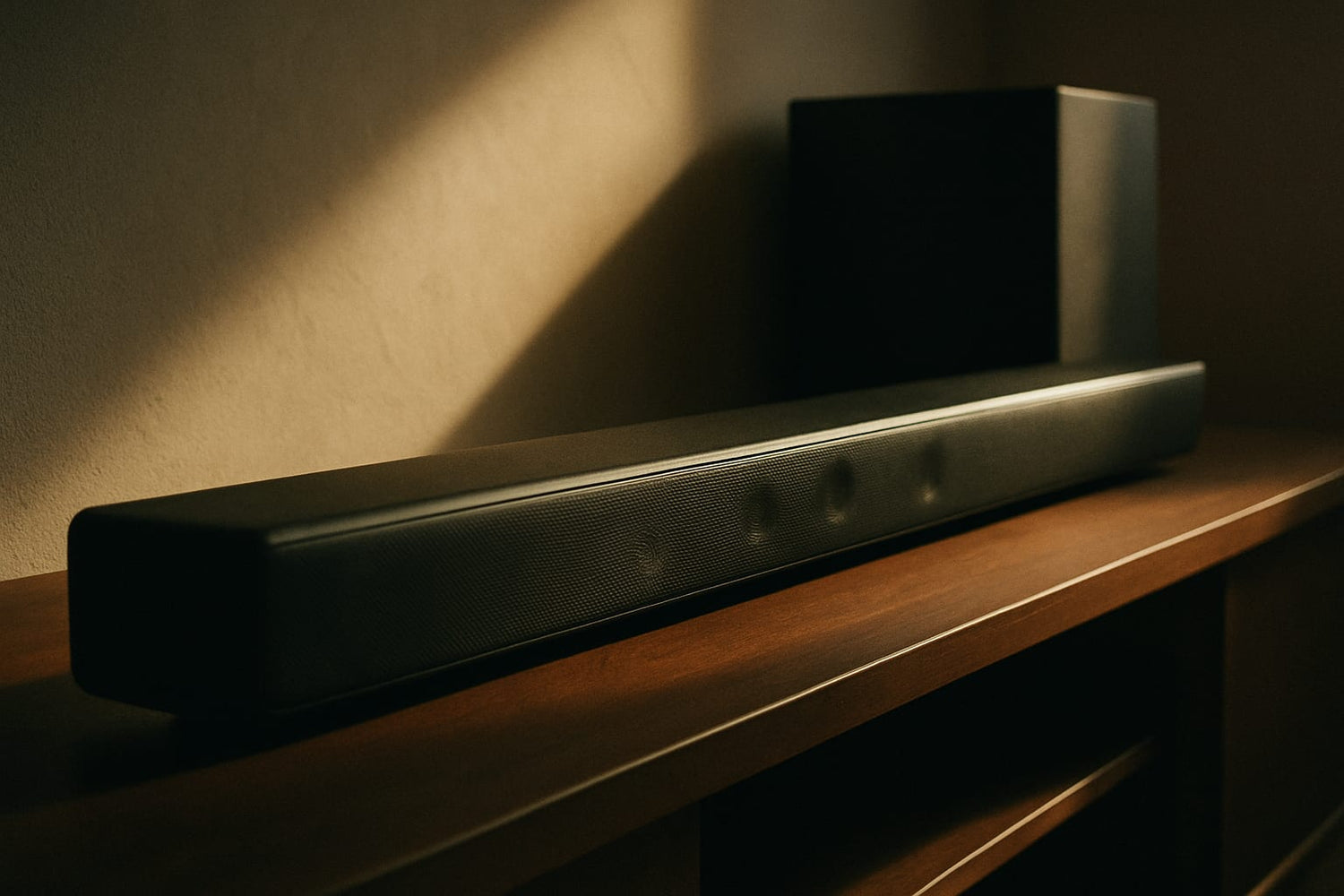 A sleek multi-driver soundbar and subwoofer sitting on a media console in low, raking light.