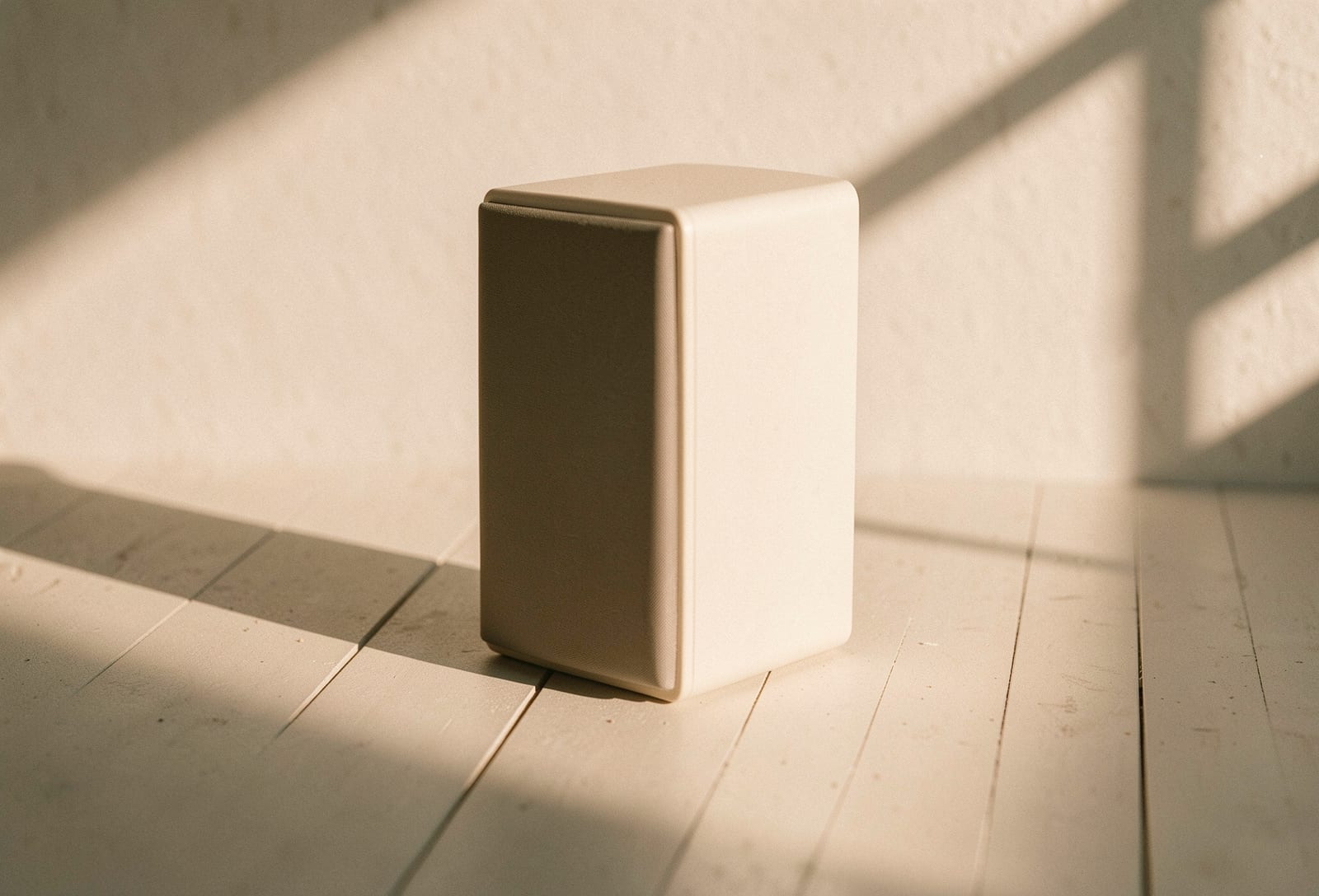Compact fabric-grilled all-in-one speaker on a wooden sideboard beside vinyl records in raking light.