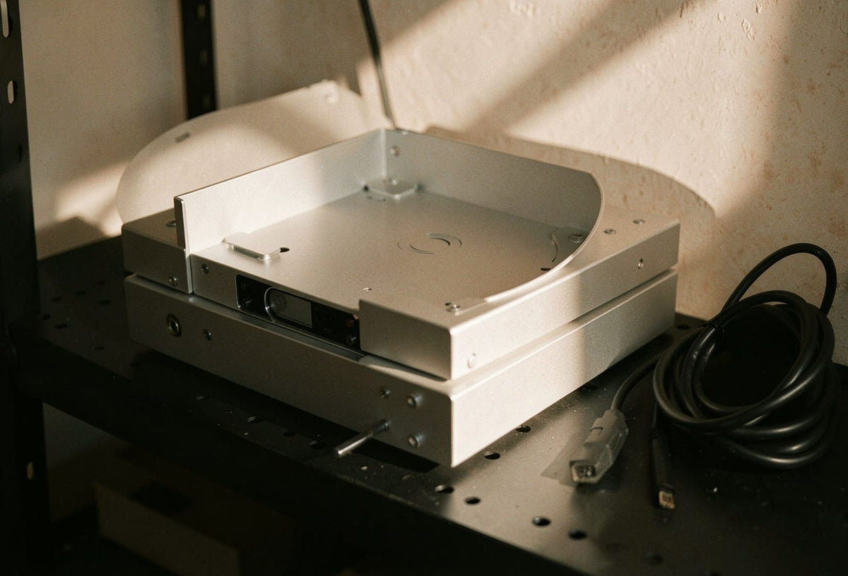An unbranded high-end disc transport on a dark shelf with its tray open, lit by low raking light beside a coiled cable.