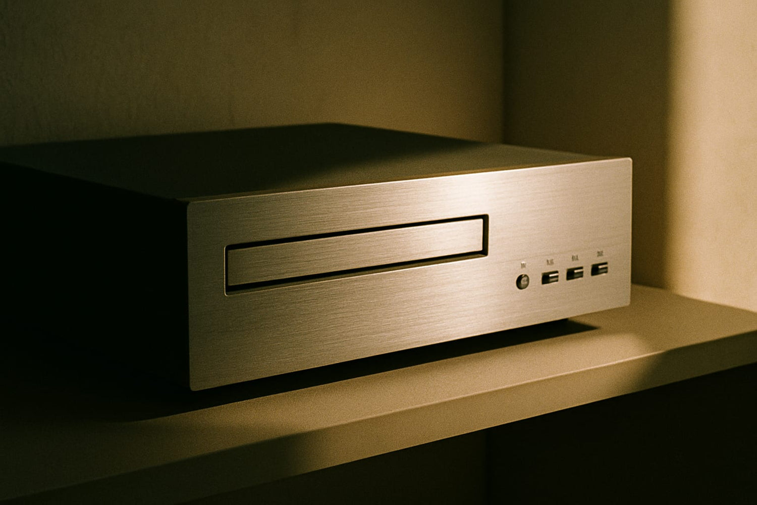 A compact disc player with brushed metal faceplate resting on a surface in soft, directional light.