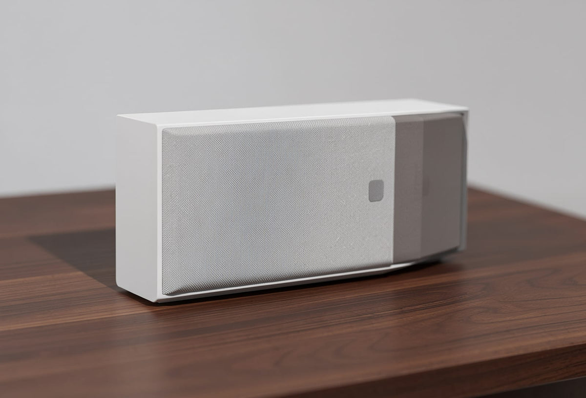 Center-channel speaker angled upward on a stand, isolated against a plain background.