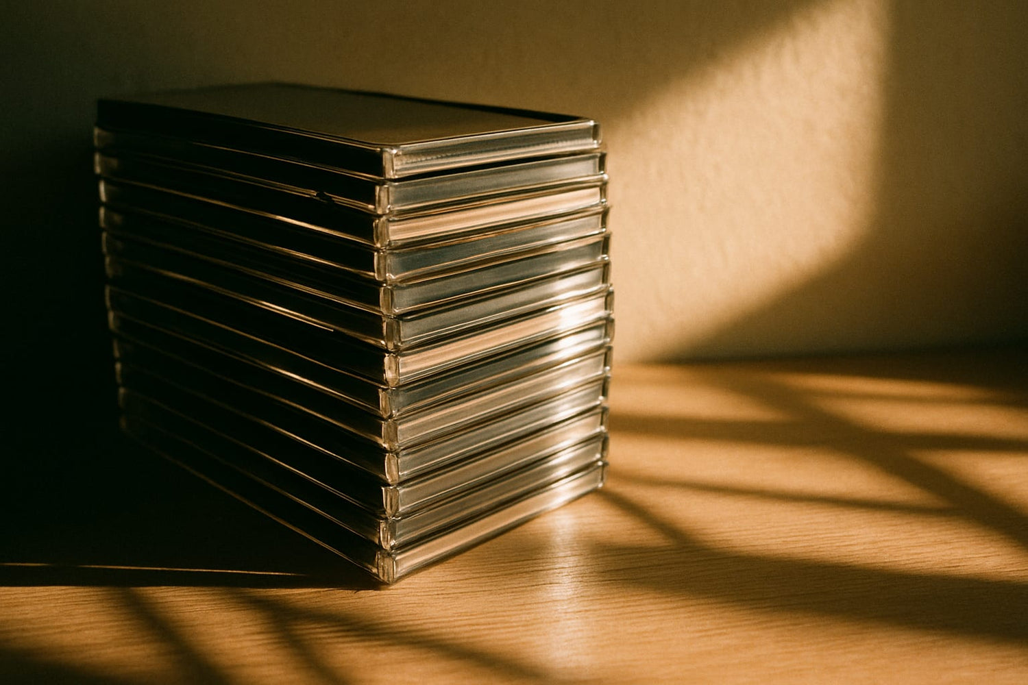 Stack of CDs in jewel cases on a shelf, lit by raking light casting long shadows across wood surface.