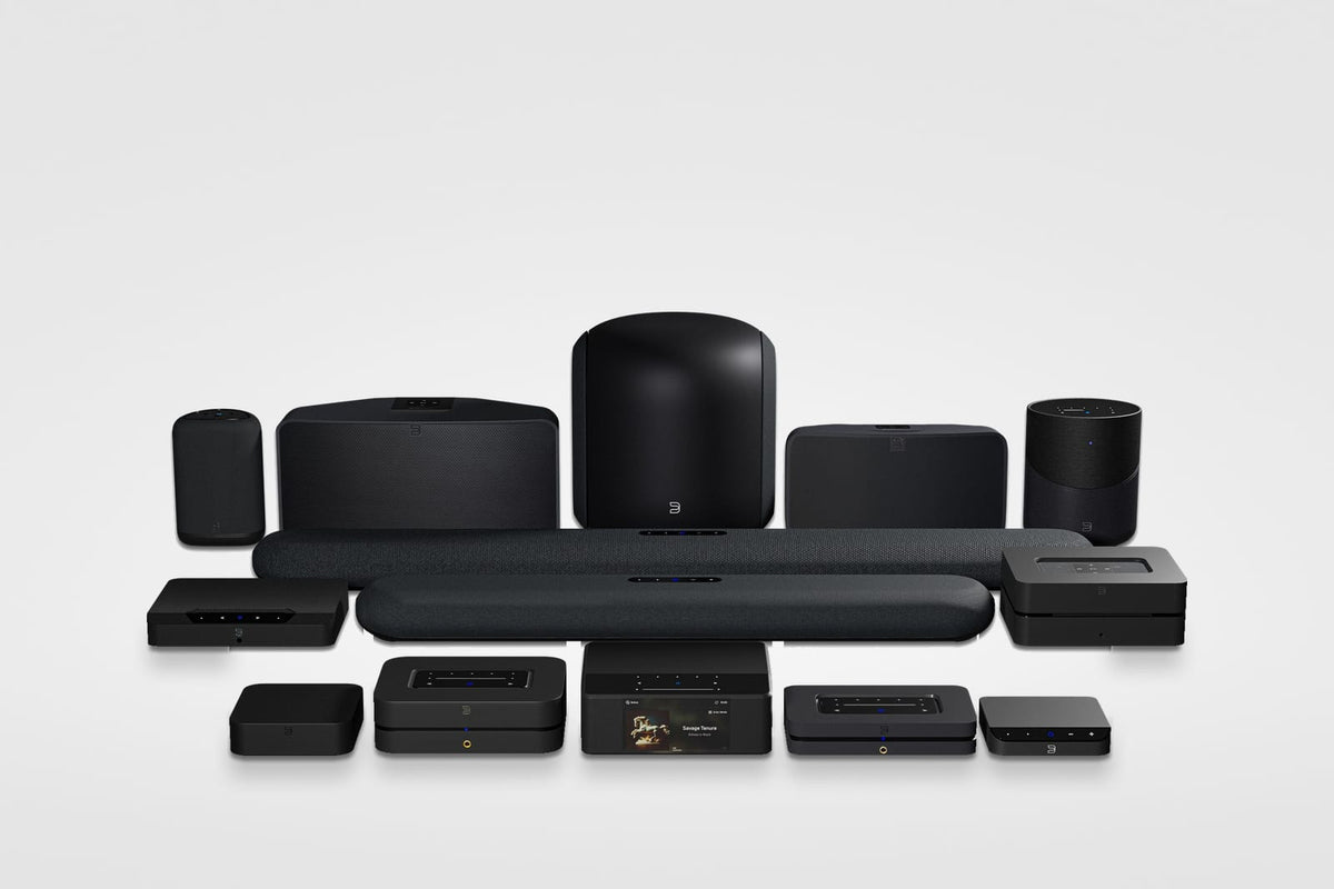 Bluesound's current range of BluOS streamers, speakers and soundbars