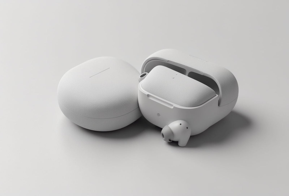 Open-ear wireless earbuds beside a closed charging case