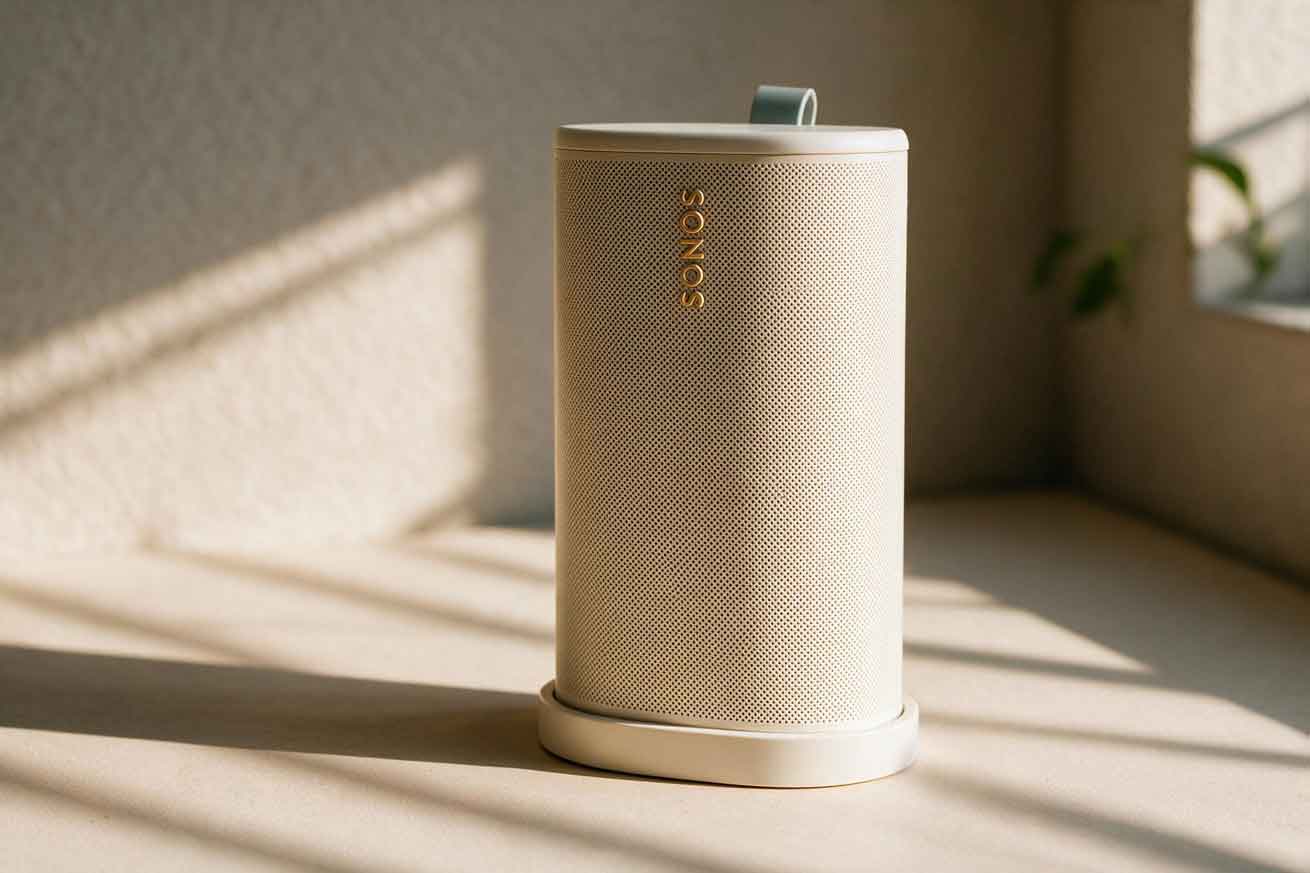 A wireless smart speaker on a wooden table, lit obliquely with a long cast shadow.