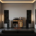 Wooden cabinet with metal accents in a beautiful stereo room