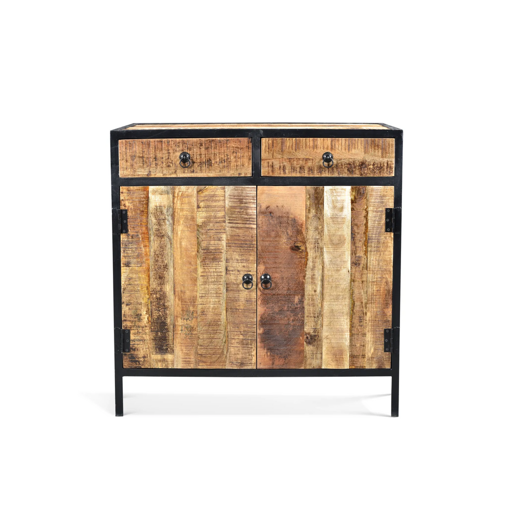 Wooden cabinet with metal accents on a white background