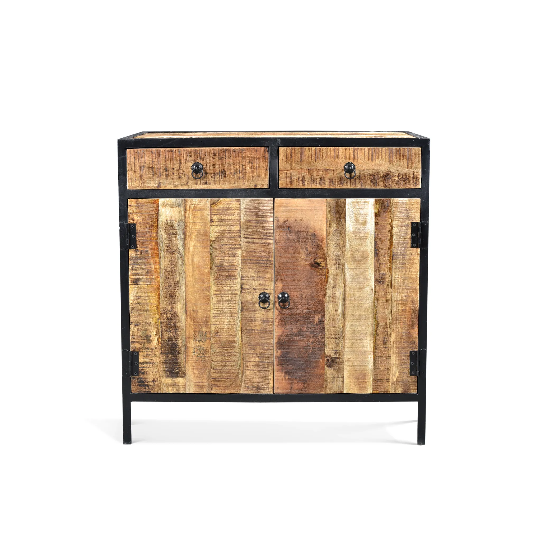 Wooden cabinet with metal accents on a white background