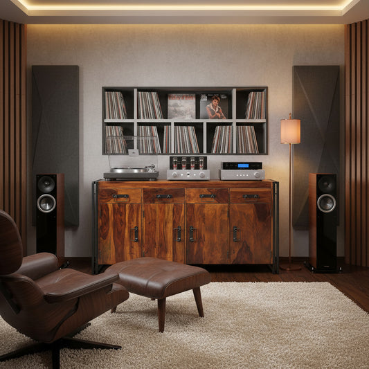 Wooden sideboard with metal legs in a chic stereo room