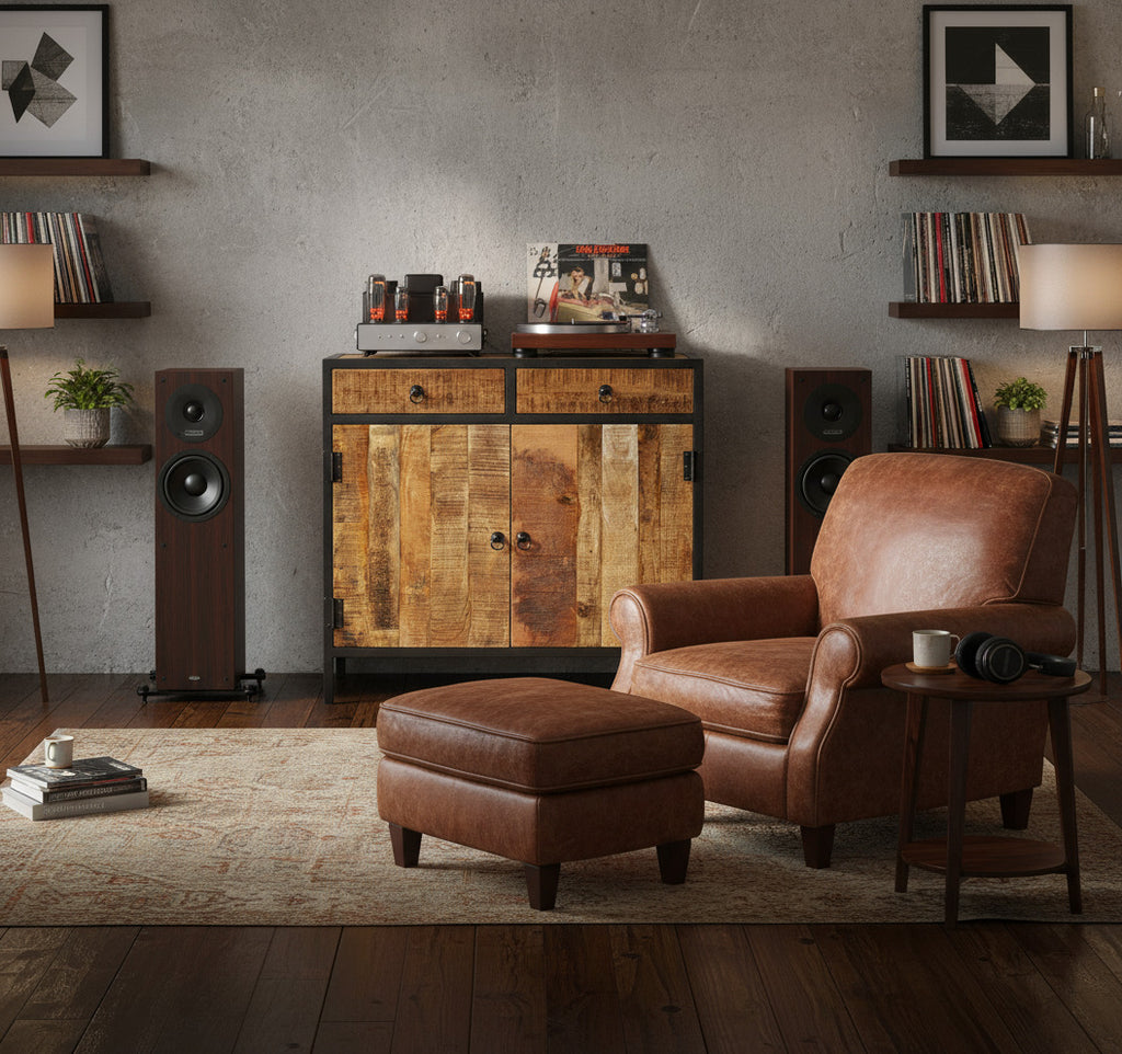 Wooden cabinet with metal accents in chic stereo room