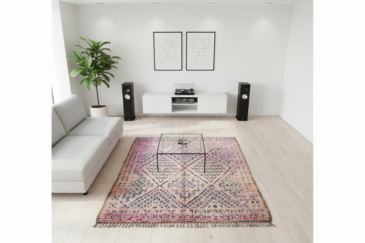 Decorative rug with geometric pattern in a white room
