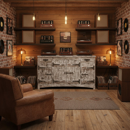 Industrial Solid Wood Credenza With Decorative Iron Hinges