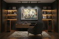 Home stereo setup with a large wall art, speakers, and a chair in a dimly lit room.