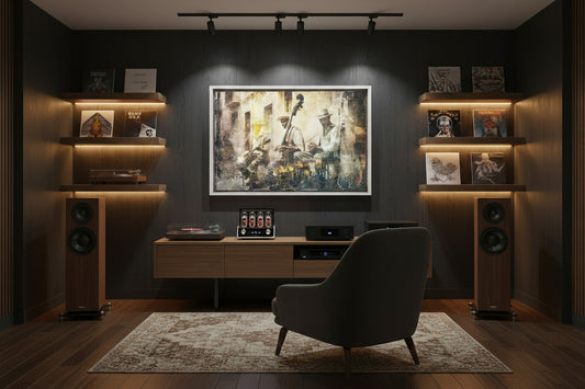 Home stereo setup with a large wall art, speakers, and a chair in a dimly lit room.