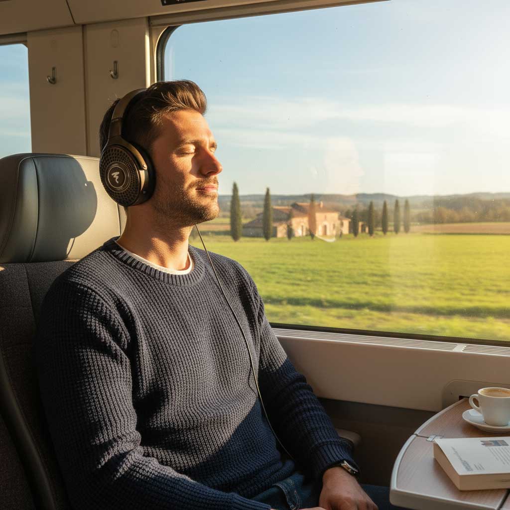 An AI-generated man sits on a train in Europe listening to music through Focal Bathys
