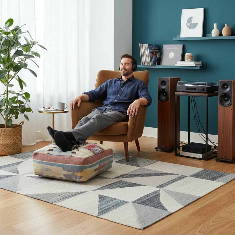 An AI-generated man sits on a train in Europe listening to music through Focal Bathys